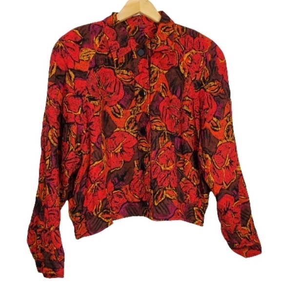 Vintage Blazer Jacket Size 10 90s Breckenridge Red Floral Short Button - Picture 1 of 9